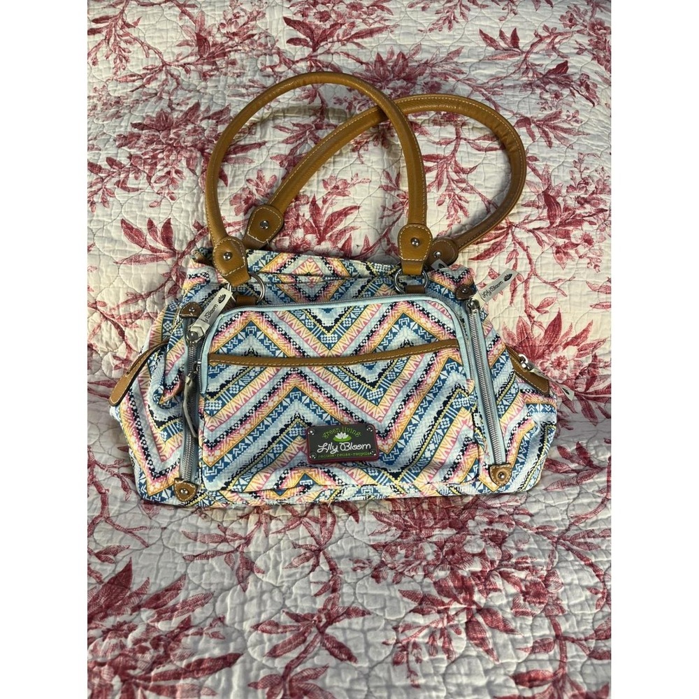 Lily Bloom Green Living Geometric Chevron Satchel Shoulder Bag Multi Pocket